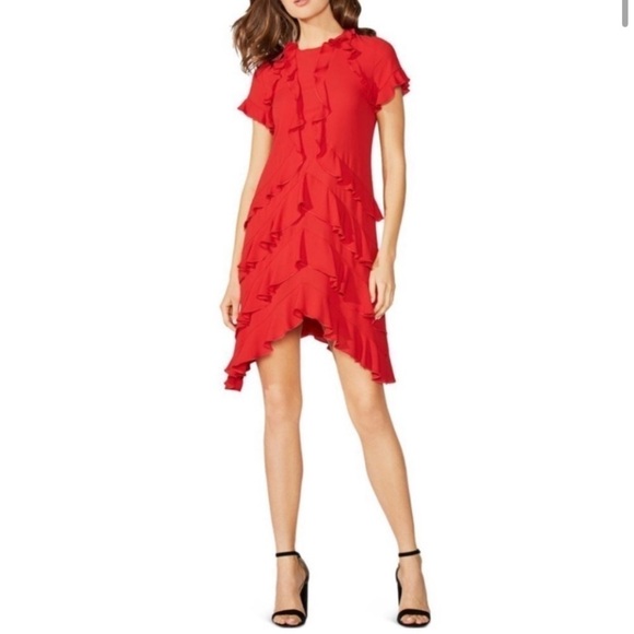 Bailey 44 Tiered Ruffled Shift Dress Red size medium short sleeve asymmetrical - Picture 1 of 9